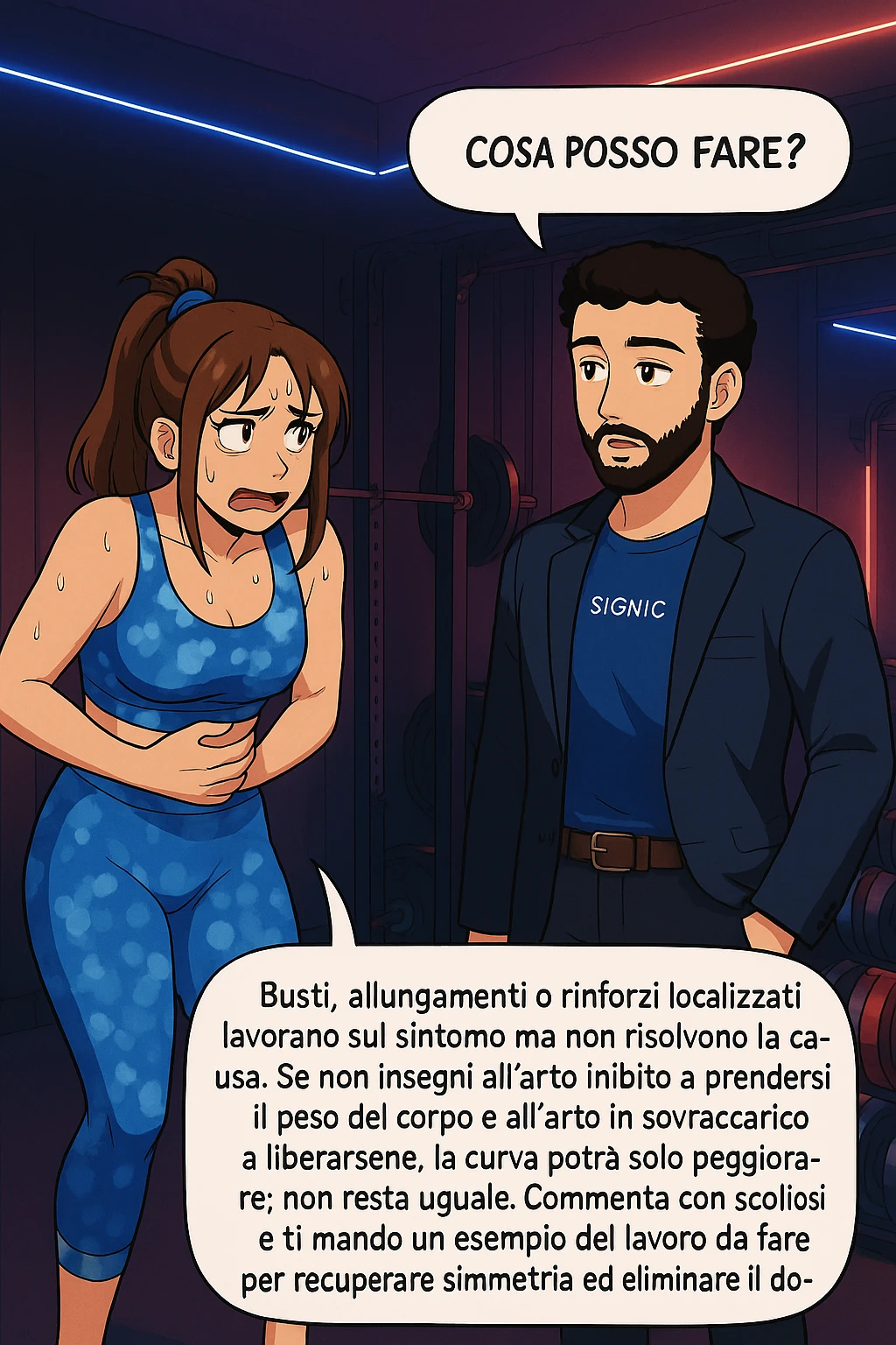 ispirati a questo stile di disegno e fai questa immagine in versione manga/webtoon a colori, il manga mostra la donna preoccupata che chiede: "COSA POSSO FARE?" E L'UOMO CHE RISPONDE: Busti, allungamenti o rinforzi localizzati lavorano sul sintomo ma non risolvono la causa. Se non insegni all’arto inibito a prendersi il peso del corpo e all’arto in sovraccarico a liberarsene, la curva potrà solo peggiorare; non resta uguale. Commenta con scoliosi e ti mando un esempio del lavoro da fare per recuperare simmetria ed eliminare il dolore. emoji
