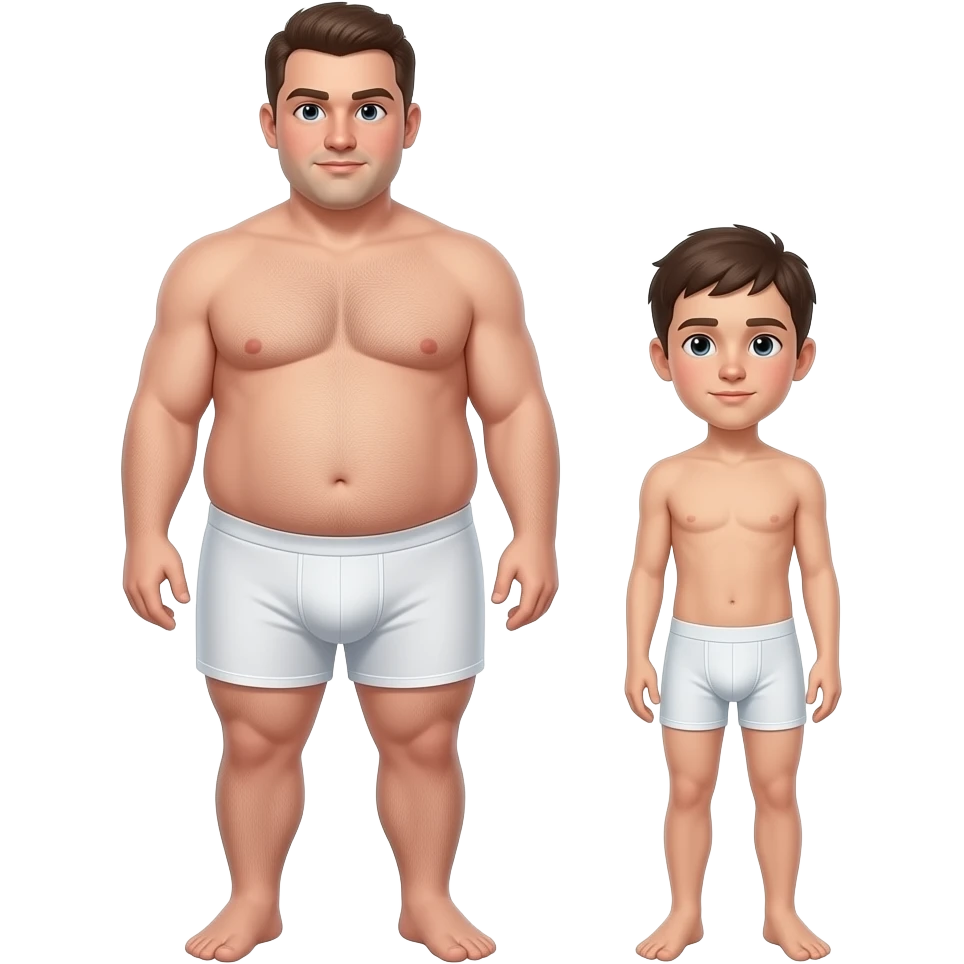 Strong tall fat boy, big dick, full body, fat, boy in white boxers, standing next to a short weak thin boy small dick, underwear 🩲 emoji