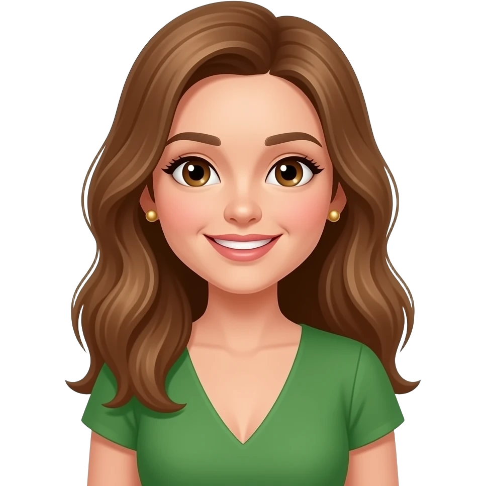 beauty, woman, gold stud earrings, brown eyes, green v neck dress, smiling, light brown hair, hairstyle long emoji