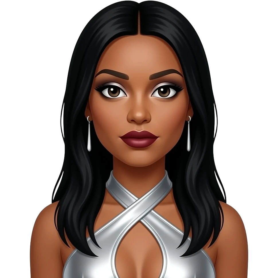 Dawn Richard from Danity Kane with dark skin, dark brown eyes, long black hair, silver eyeshadow, dark red lipstick, silver metallic halter dress, silver earrings emoji