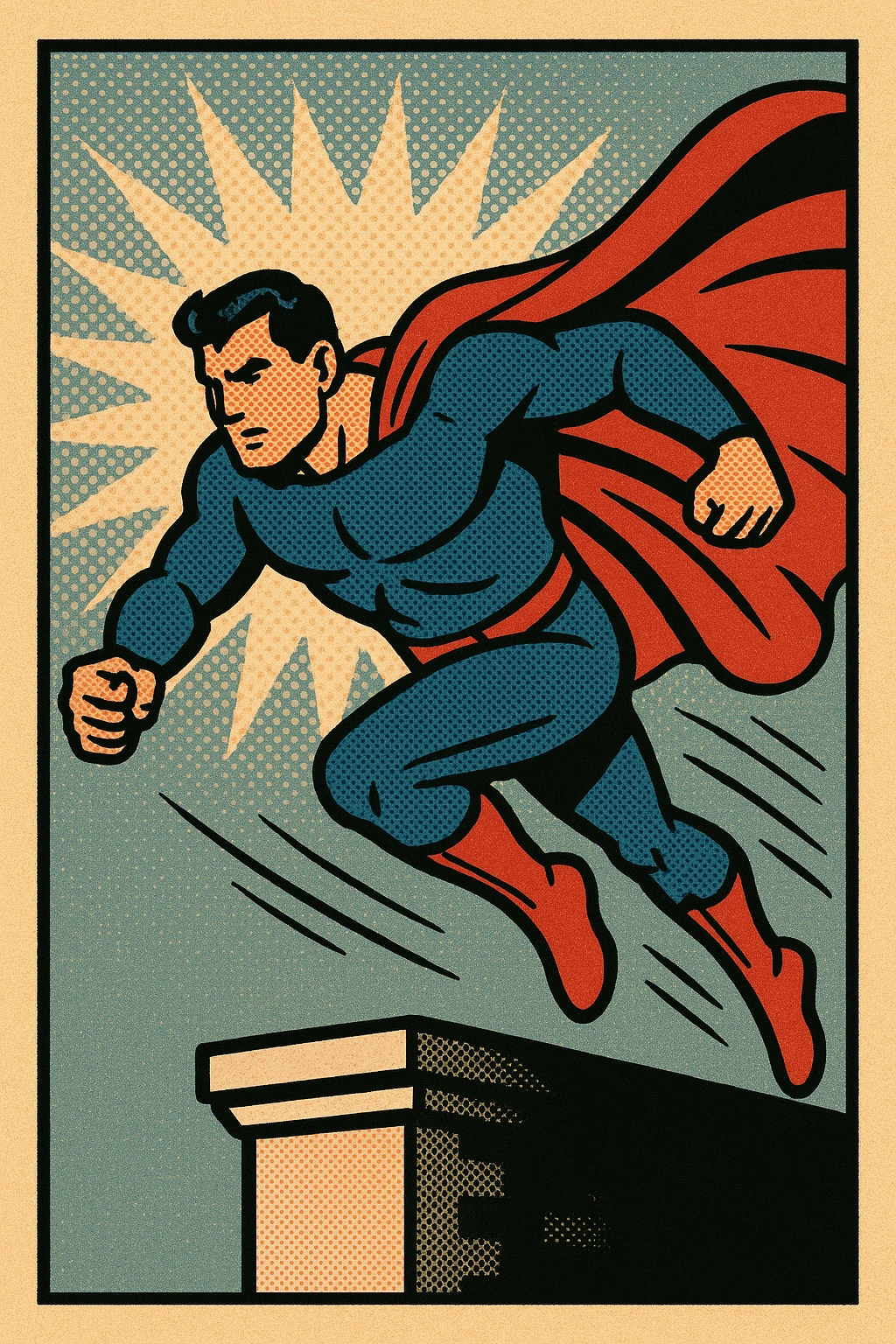 Hero leaping from a rooftop with cape trailing.
 emoji