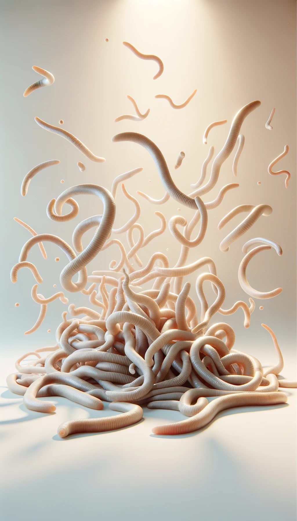 vermi lunghi e beige chiaro come la tenia fluttuano in aria, SFONDO molto CHIARO NEUTRO, colori realistici, iperrealistico 4k emoji