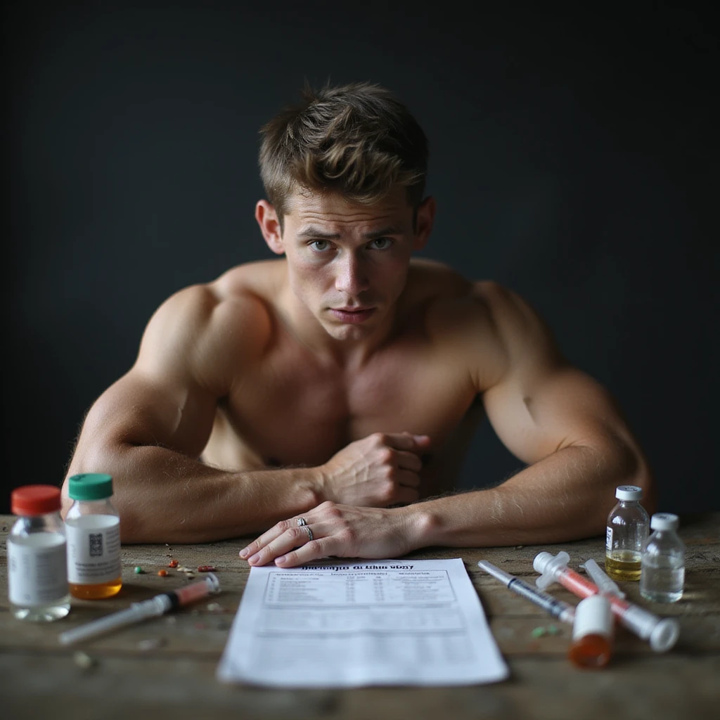 realistic young beginner bodybuilder making chemistry mistakes on first cycle, surrounded by vials and syringes, dosage chart with errors and danger symbols, scared expression, risk atmosphere, isolated on white background, 4K quality emoji