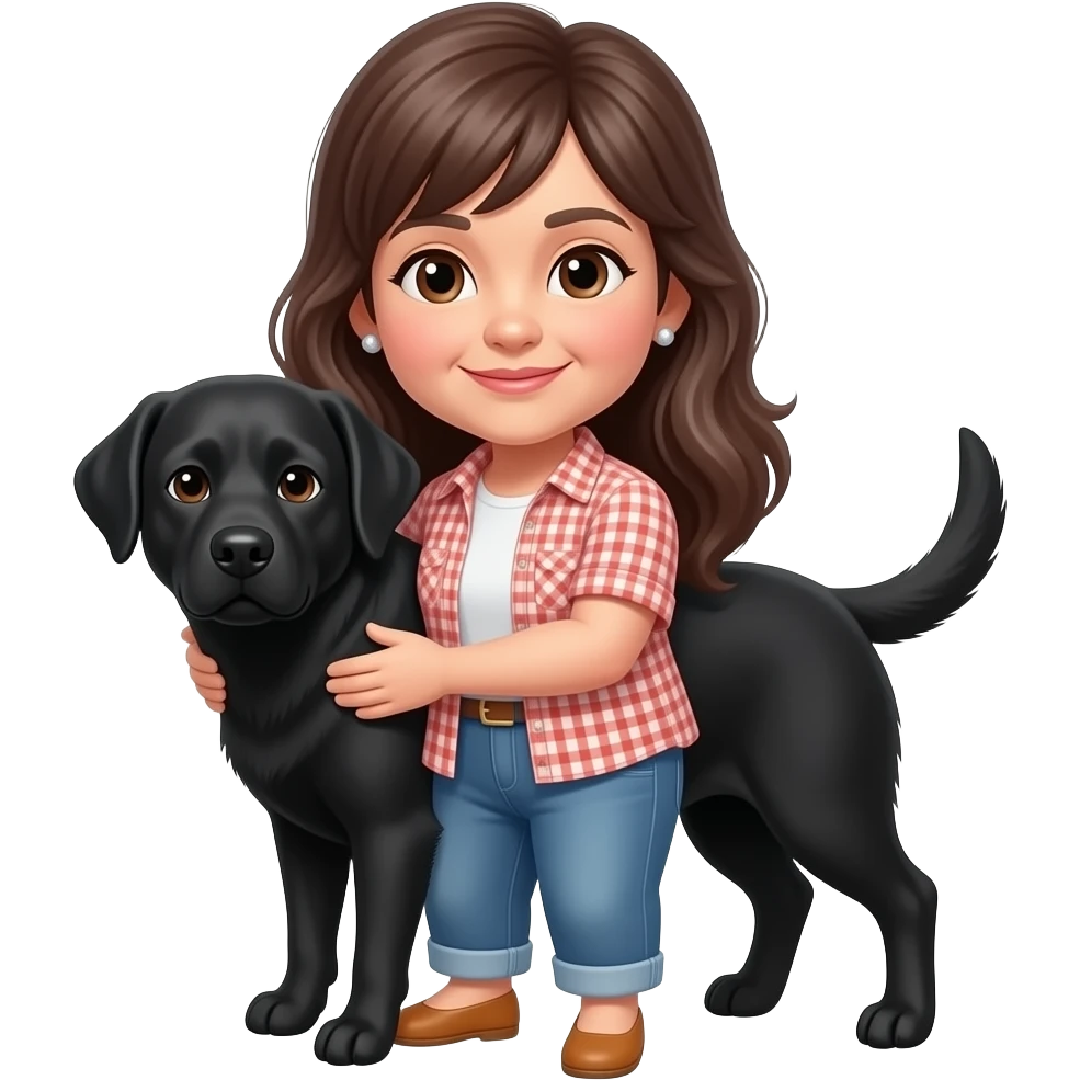 woman, 60s aged, long dark hair with fringe, small diamond earrings, brown eyes, cuddling black labrador emoji