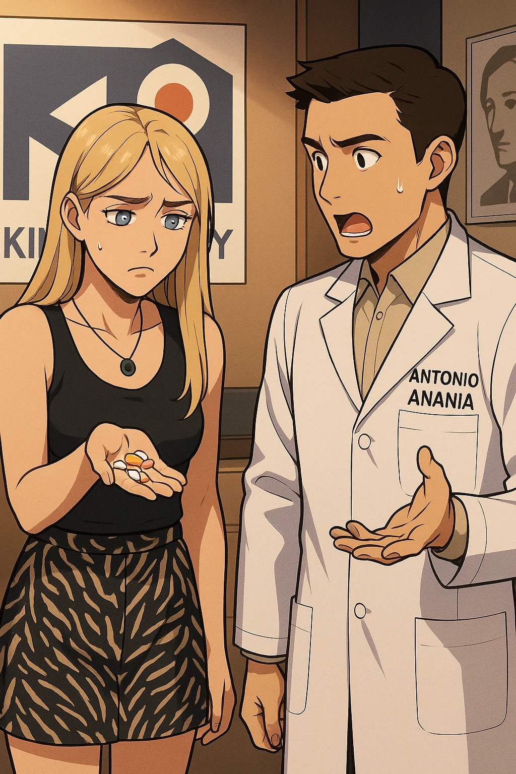 fai un webtoon/manga a colori con questo kinesiologo in camice bianco (fagli la scritta "ANTONIO ANANIA" SUL CAMICE) CHE PARLA CON QUESTA RAGAZZA CON GLI OCCHI AZZURRI. LA RAGAZZA HA UN PUGNO DI INTEGRATORI IN MANO (TANTE PILLOLE DIVERSE) E LE GUARDA DUBBIOSA. IL KINESIOLOGO CON IL CAMICE BIANCO LE DOMANDA UNA COSA SCIOCCATO. NON FARE I FUMETTI, FAI SOLO LORO COME SE DIALOGASSERO emoji