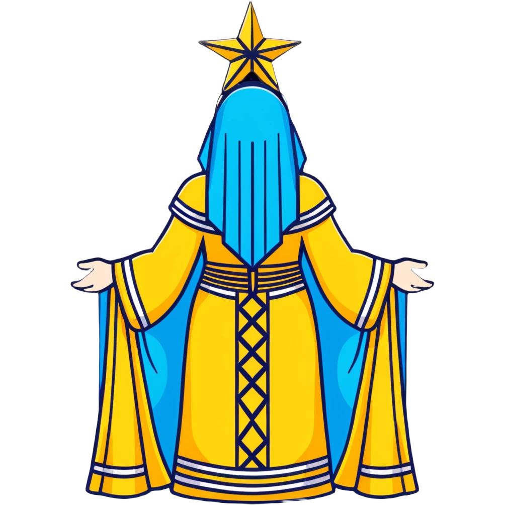 back view of Anunnaki goddess Inanna with detailed ceremonial robes and star symbols emoji