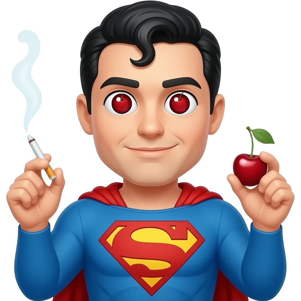 Make this with , the eyes have Cherries as pupils and the left hand is holding a joint and the right hand a cherry, Superman with his complete look emoji