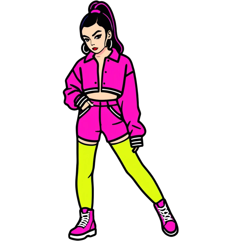 Charli XCX as a sticker, retro 80s vibe with neon colors emoji