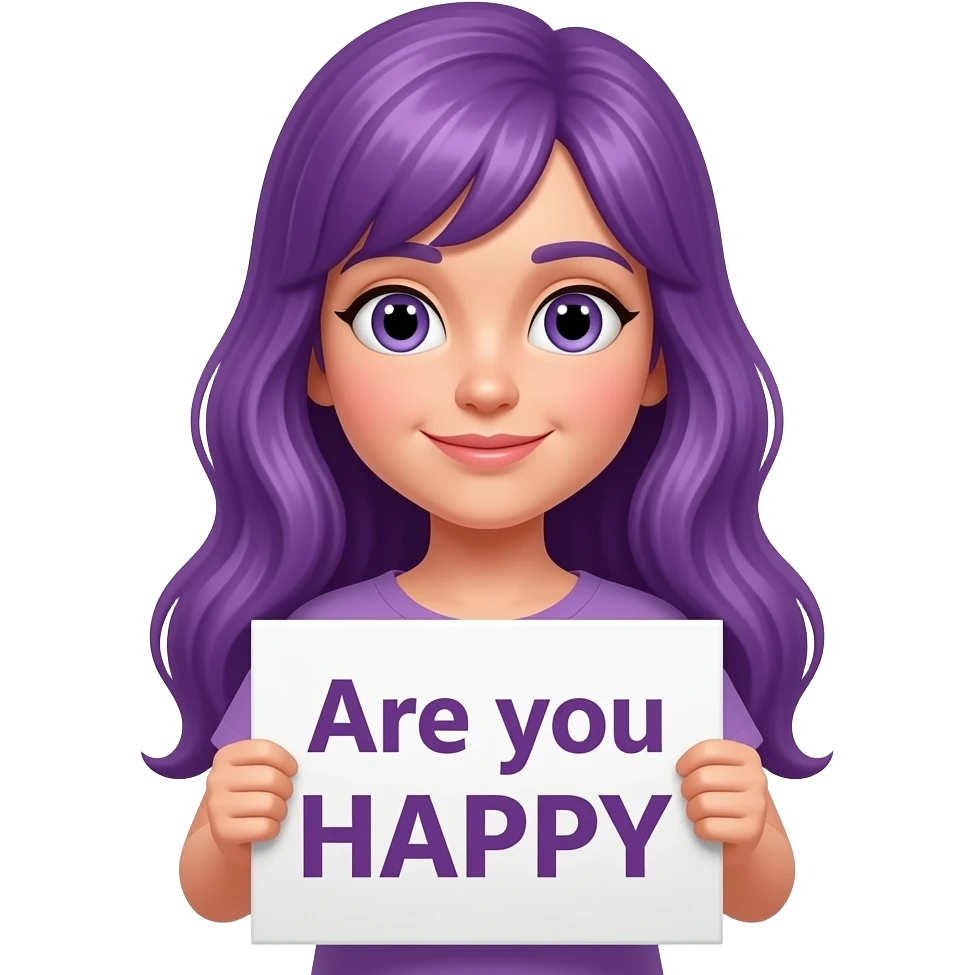 girl with long purple hair holding a Are you HAPPY sign emoji