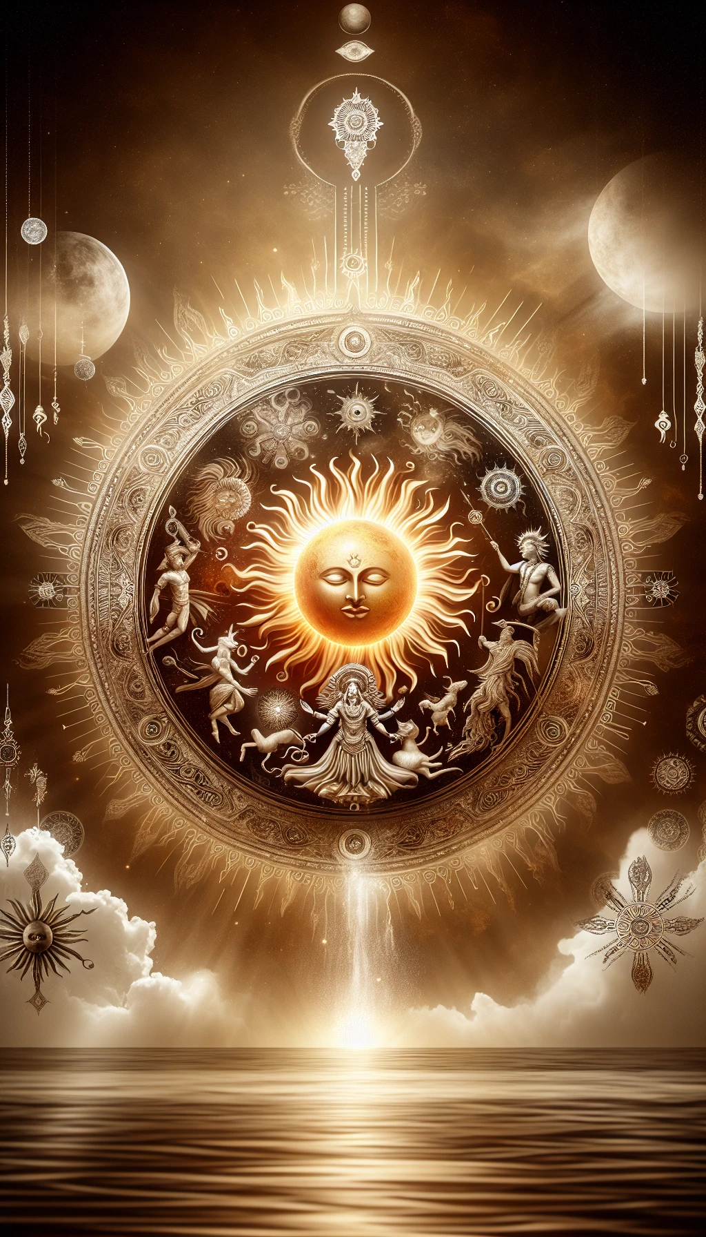 il sole è dio, sfondo mistico neutro chiaro, attorno al sole fluttua una magia mitologica, iperrealistico 4k emoji