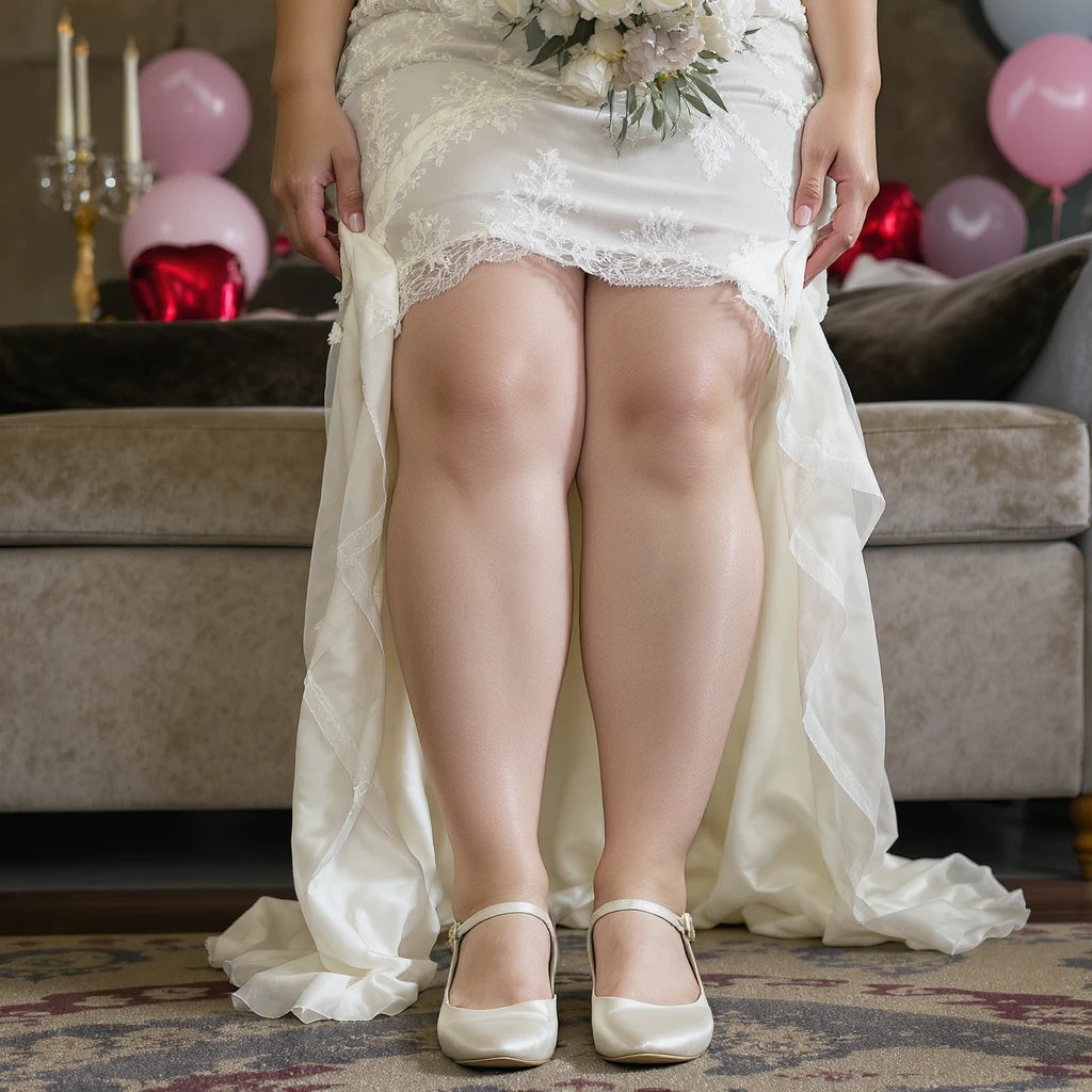 realistic bride at a wedding venue, legs swelling and ballooning in the heat, satin shoes tight and cutting off circulation, balloon decorations in the background that seem to mock her swelling, vertical format, photo emoji