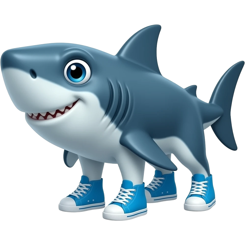 a shark with a sleek blue body, big expressive eyes, and a slightly goofy grin. wears bright blue sneakers, giving him a funny, cartoonish vibe with a mix of cool and absurd energy he dose not stand like a human but like a dog he has four blue sneakers om each fin emoji