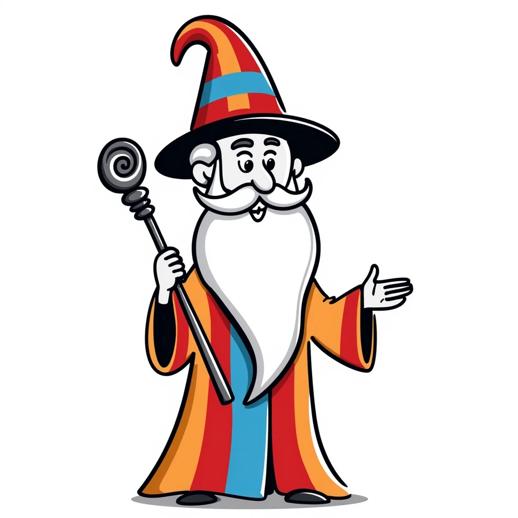 Hand-drawn wizard with beard and Armenian flag colors (red, blue, orange) on robe and hat emoji