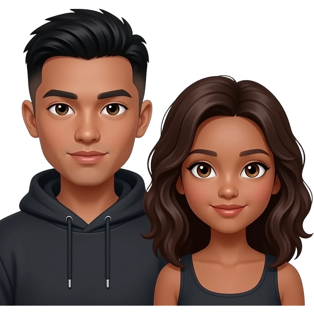 very dark skin, super hooded asain eyes, male, staight fade haircut, thick lips, soft flat nose, teenager, add a girl next to him make the girl,very tan with wavy hair and hazle eyes, make her darker skuined emoji