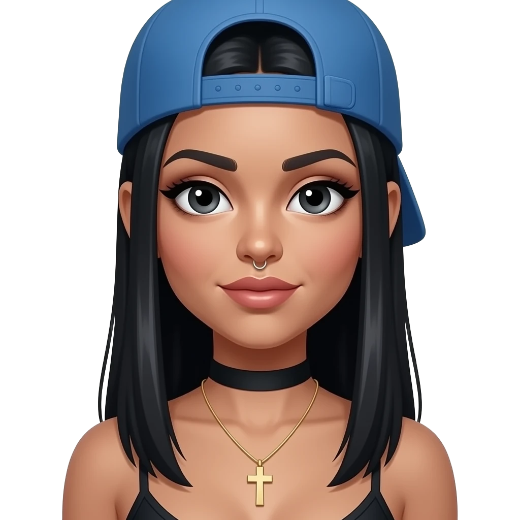 Faz uma mulher de cabelos longos e longos pretos, com cor de pele branca uma maquiagem bonita um piercing no nariz, um boné azul pra trás e com e um colar de uma cruz, e uma blusa de alcinha preta olhos grandes, emoji