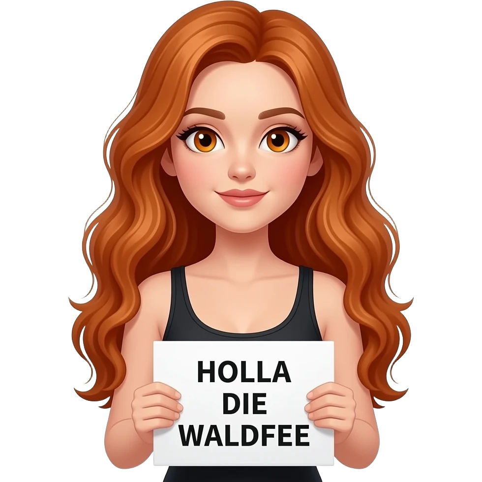 sexy girl with long wavy ginger hair and ginger eyes wearing a black tanktop is holding a white sign with HOLLA DIE WALDFEE written on it emoji