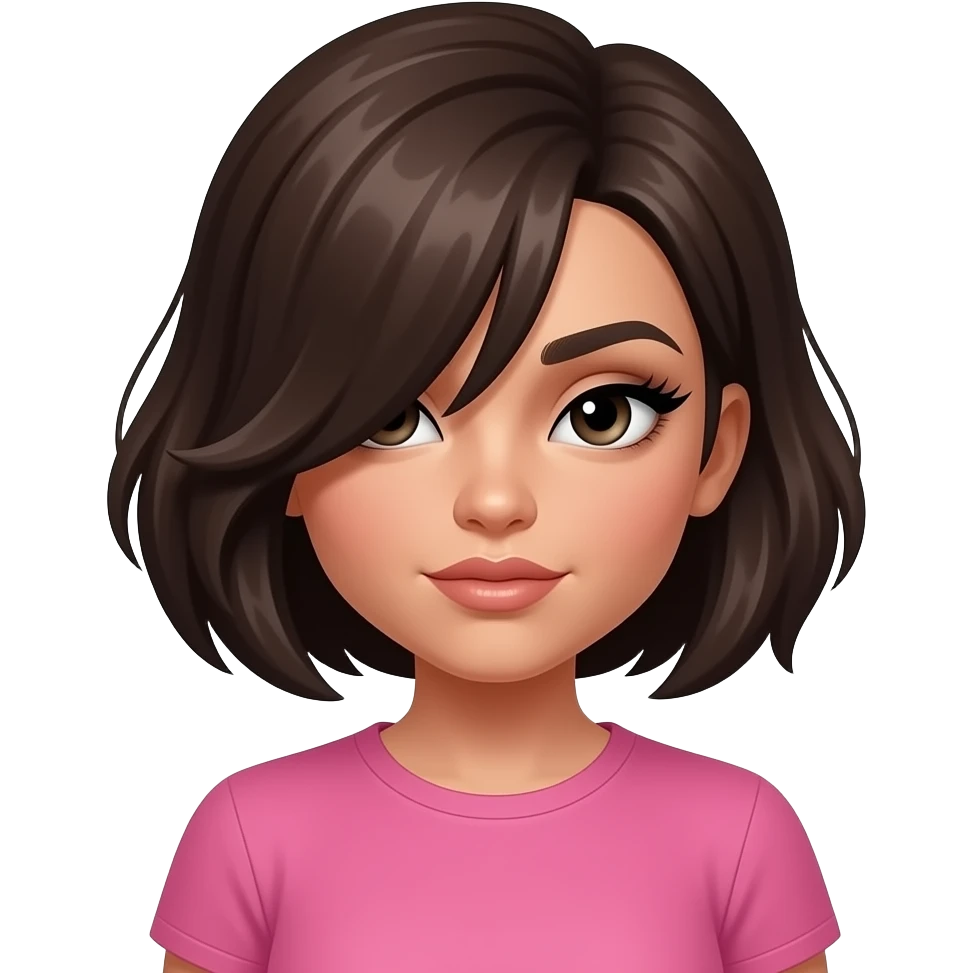 Emo Latina girl with volumized short dark brown hair swept In a side part covering her eye, intense eyeliner and lashes, and pink t shirt, black eyeshadow, emoji emoji