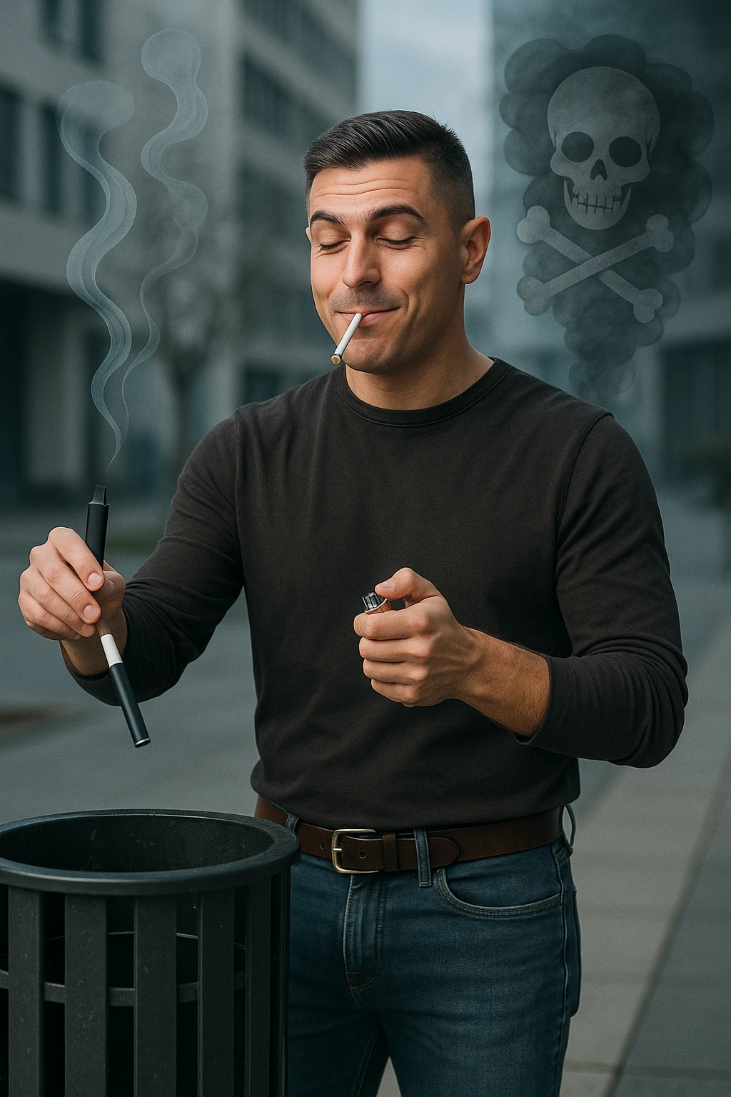 Adult man in casual clothes, inspired by the face in the reference photo, throwing an electronic cigarette into a trash bin while lighting a traditional cigarette with the other hand. Satisfied but unaware expression. In the background, light symbols of smoke and health damage manifesting from both cigarettes. Urban atmosphere, cold light, critical or reflective tone. Realistic style with symbolic accents. emoji