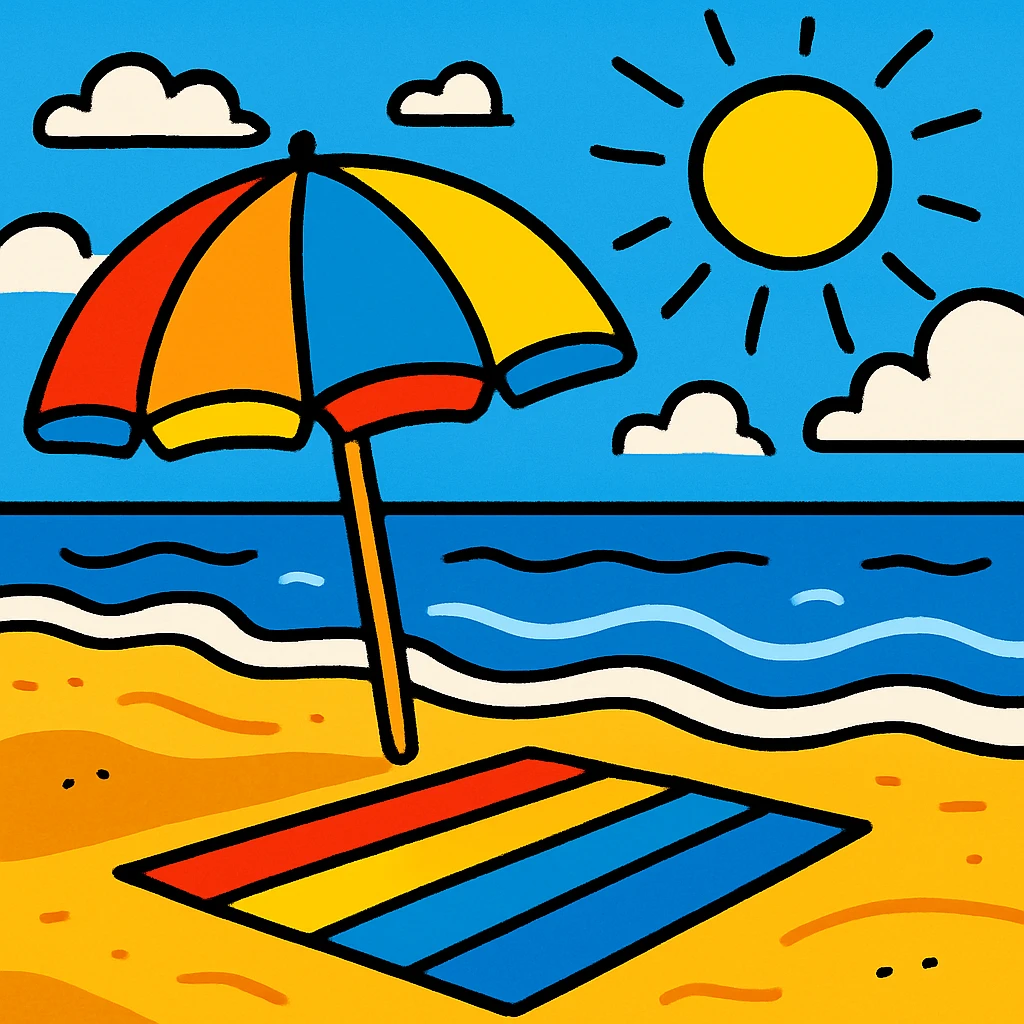 vacaciones en la playa, sombrilla, mar, sol, ambiente alegre, estilo cartoon colorido emoji