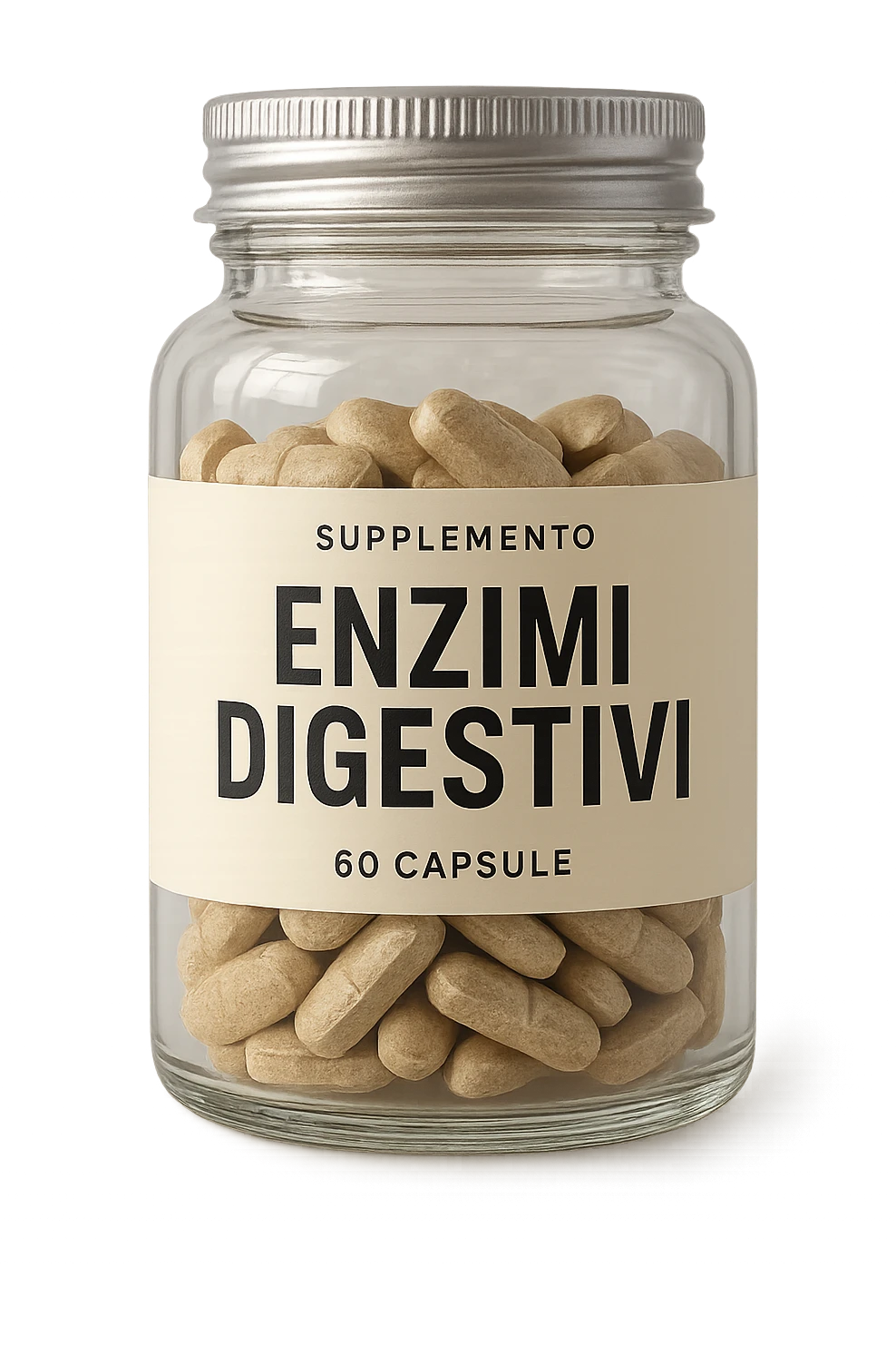 barattolo di integratore con la scritta "ENZIMI DIGESTIVI", iperrealistico 4k emoji