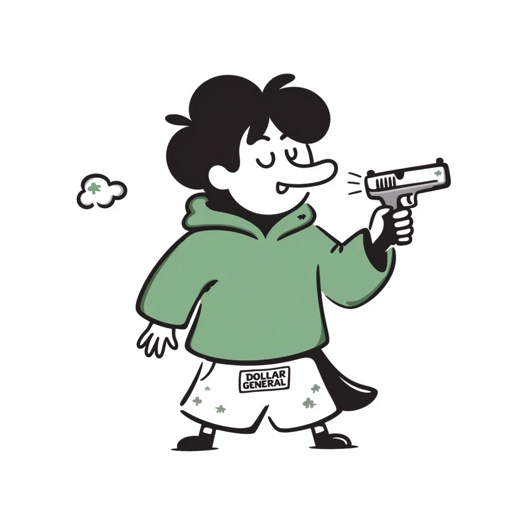 A cute but tough half-dolphin half-penguin thug holding a small gun, wearing a green hoodie with blood stains and Dollar General branded shorts emoji