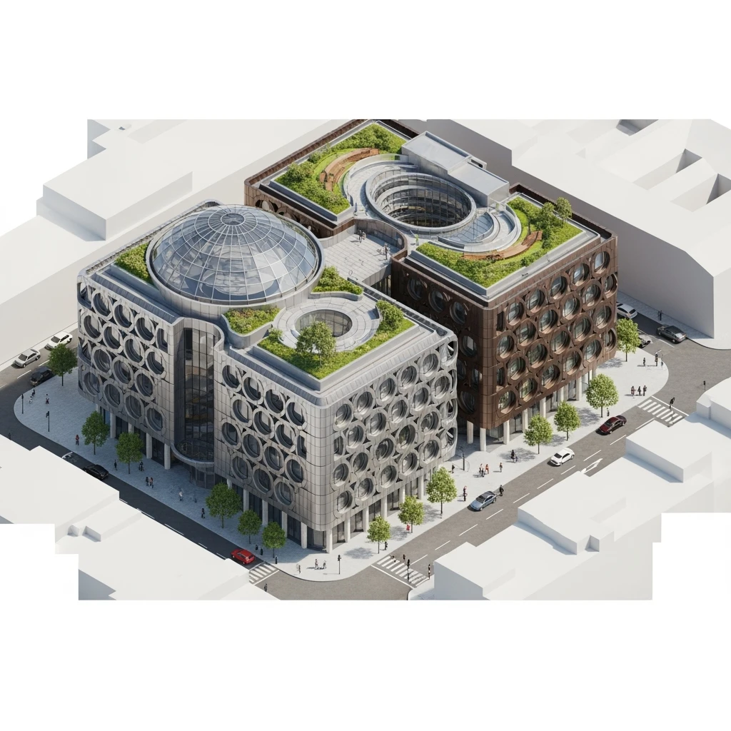Isometric photorealistic illustration of Birmingham library highly detailed in semi-realistic, 3D miniature effect, transparent background. emoji