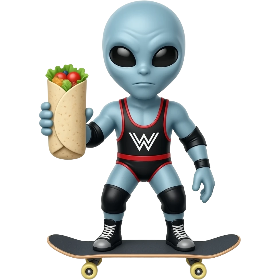 An alien on a skateboard holding a breakfast burrito while wearing a wrestling singlet emoji