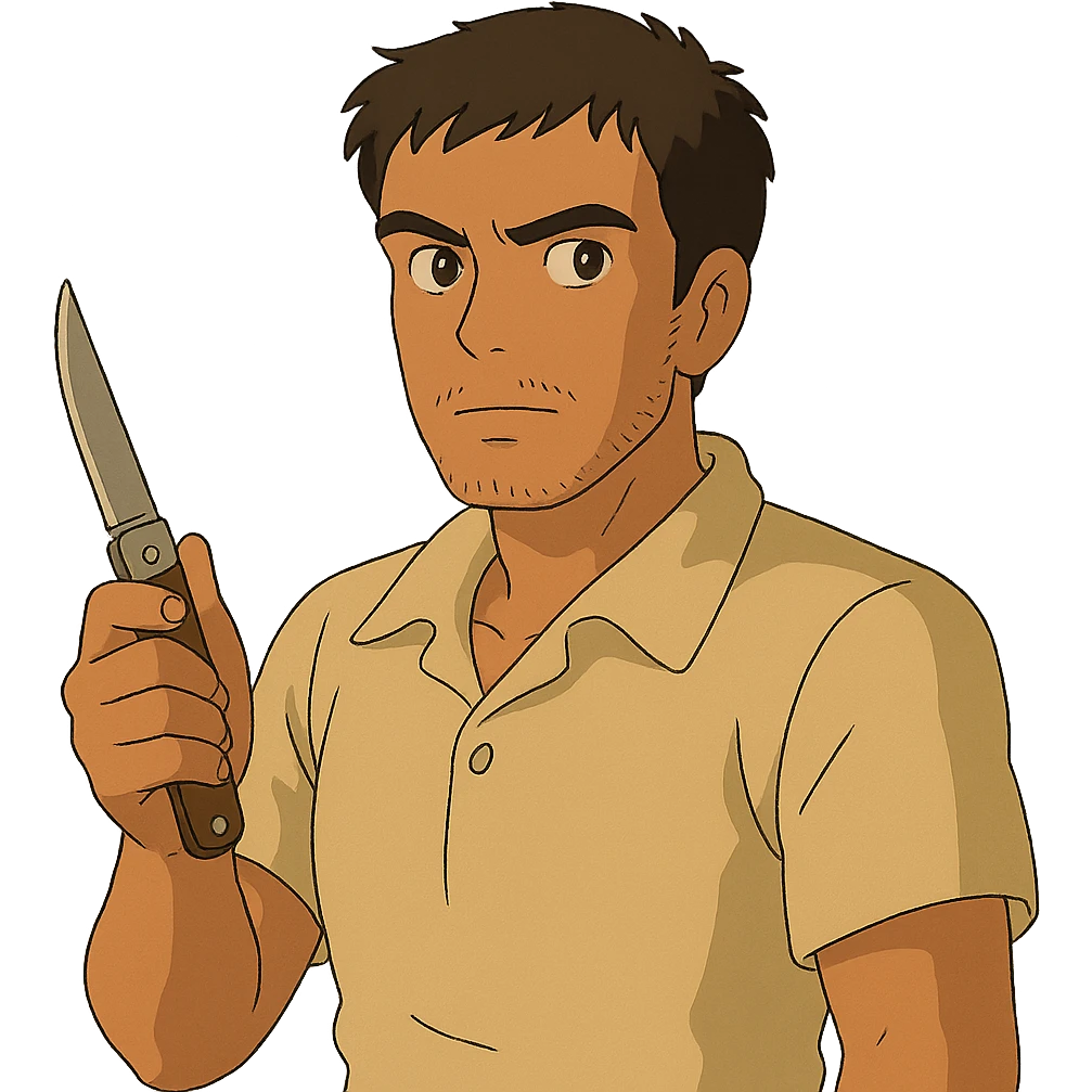 hombre con piel moreno clara, navaja en la mano, estilo ghibli emoji