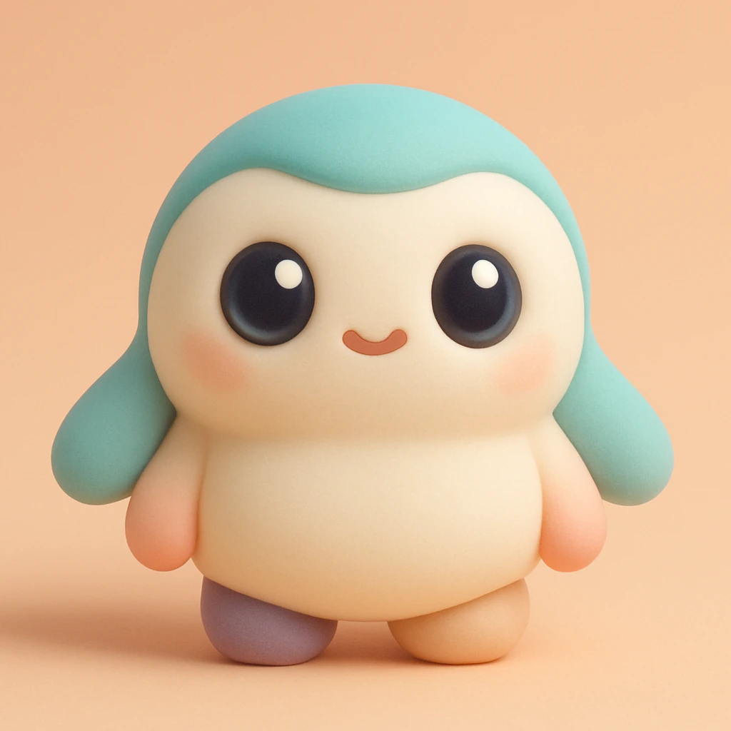 A cute and friendly cartoon character, a small round creature with big expressive eyes and a tiny mouth, with a round body and small limbs, in a vibrant and colorful style. emoji