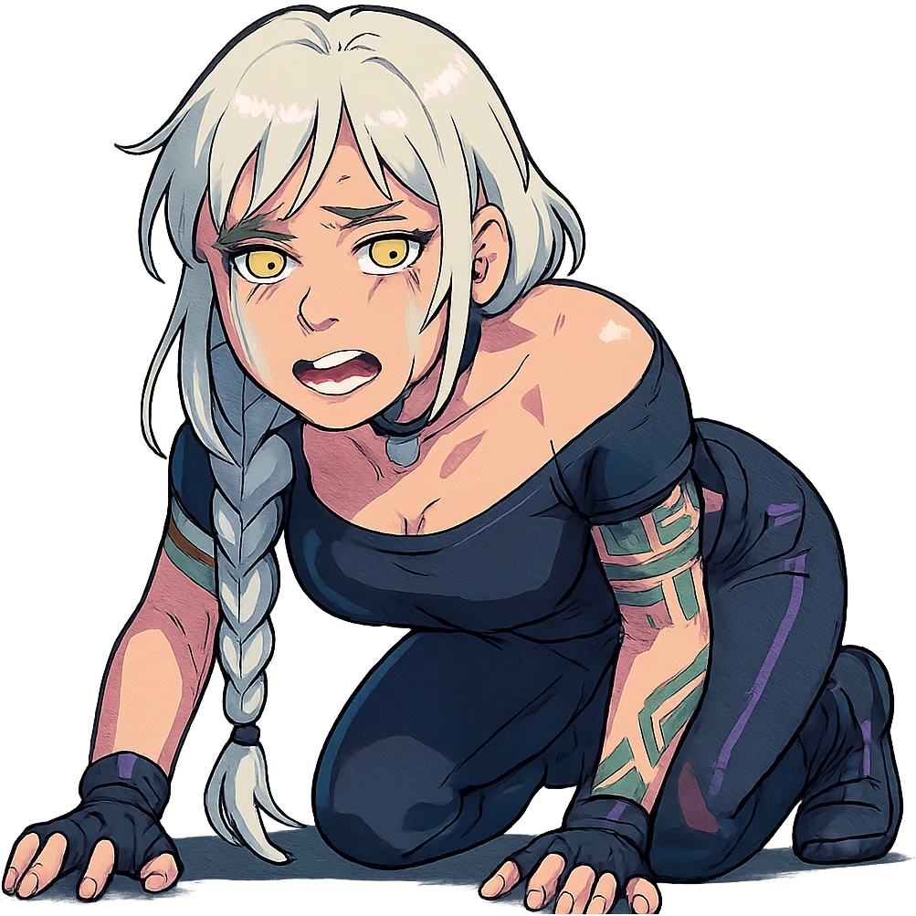  she is crawling, crying, utterly defeated, a closeup portrait of young woman with gold yellow eyes, white hair, long braid, black off-shoulder top d-cup, punk gothic style, futuristic cyberwave cyberpunk, sitting position
 emoji