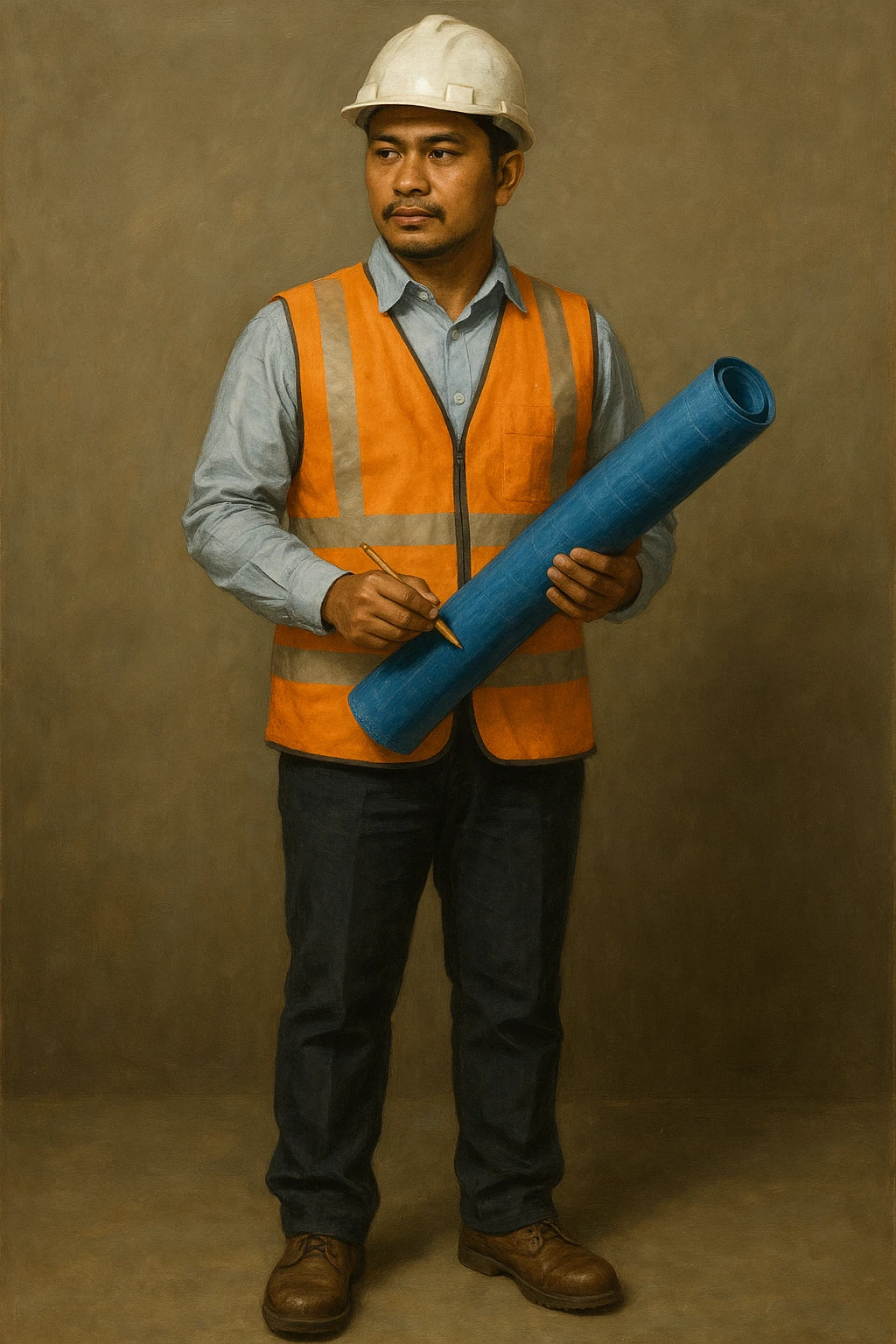 Сгенерируй мне в стиле реалистичной живописи на однородном фоне инженера индонезийской внешности, он в каске и строительном жилете. Он одет опрятно и чисто. В полный рост. Он стоит с чертежом синим и карандошем в руках emoji