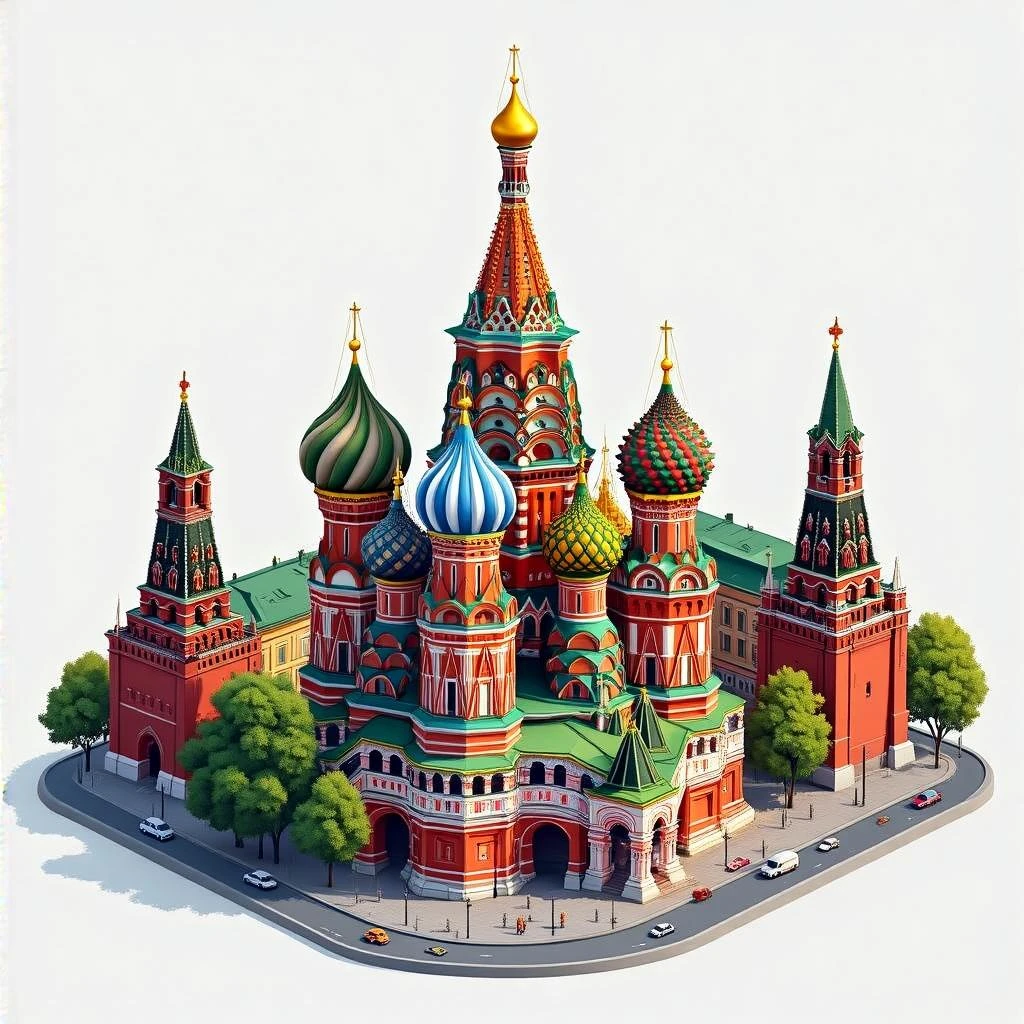 Isometric illustration of Moscow, featuring photorealistic Saint Basil's Cathedral, highly detailed in semi-realistic style, balanced between stylized painting and realistic, 3D miniature effect with a slight hand-painted touch - transparent background emoji