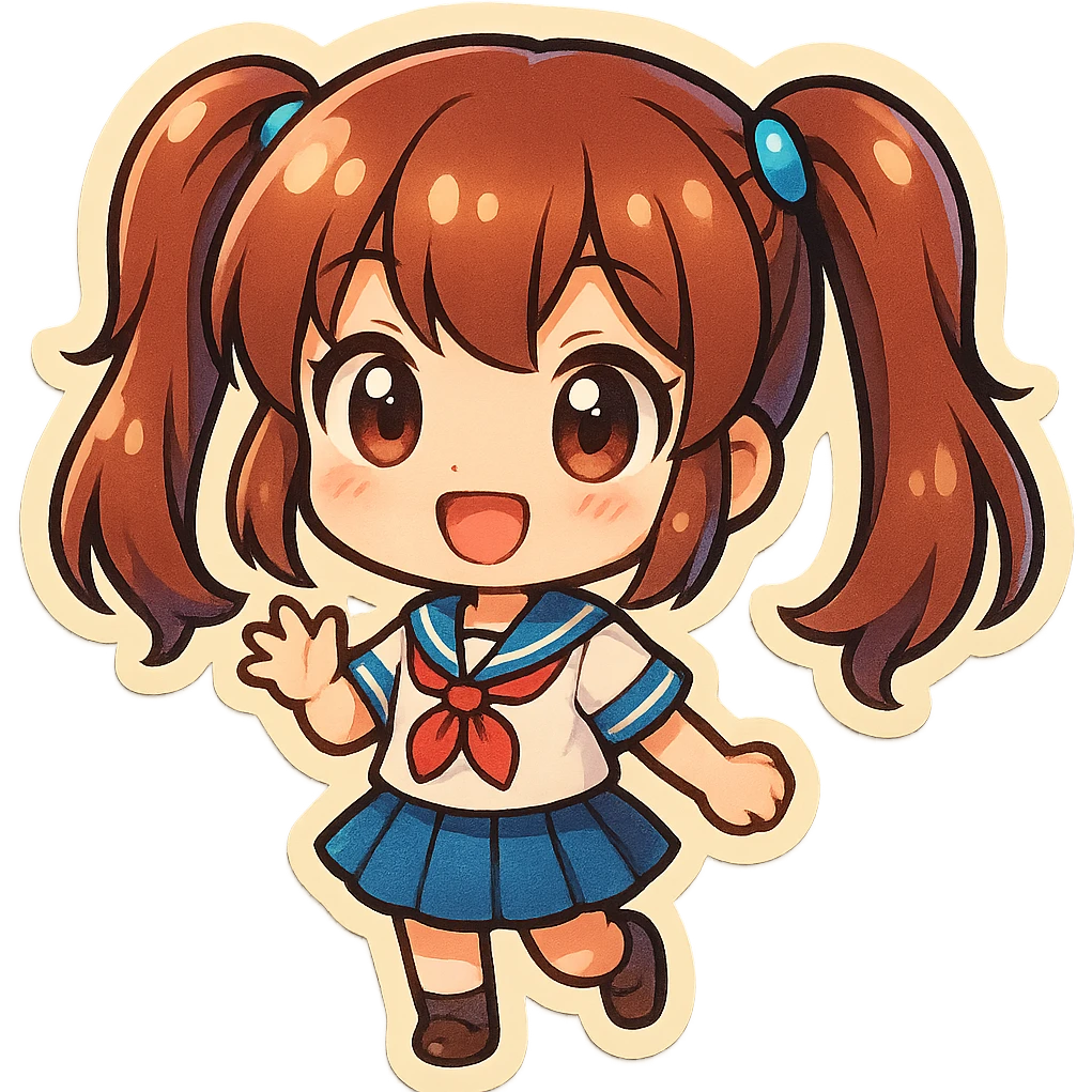 chibi anime girl with twin tails, wearing a sailor uniform, smiling, retro stickers style emoji