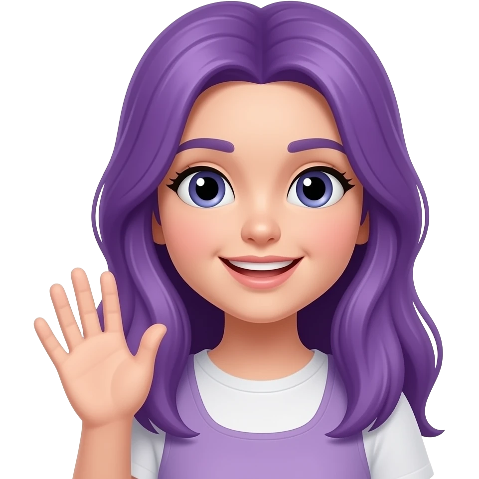 A YOUNG WOMAN WITH LONG PURPLE HAIR SAYS HELLO emoji