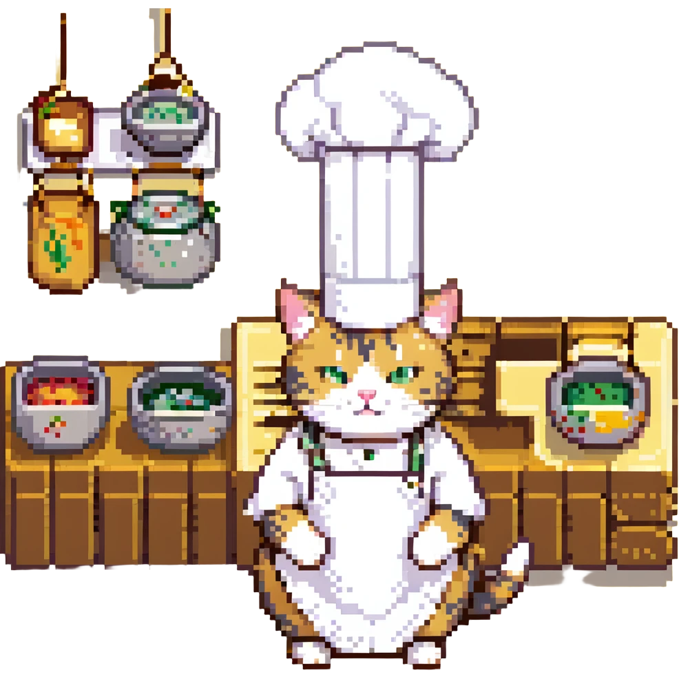 Make the chef cat's gold earring much bigger, keeping the same pixel art style with no background. emoji