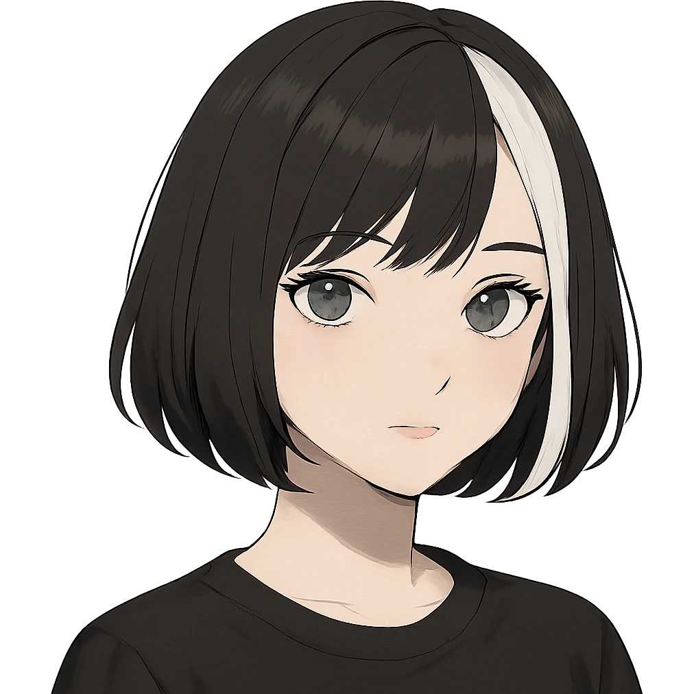 girl with short black hair, bob, with a white strand and gray eyes emoji