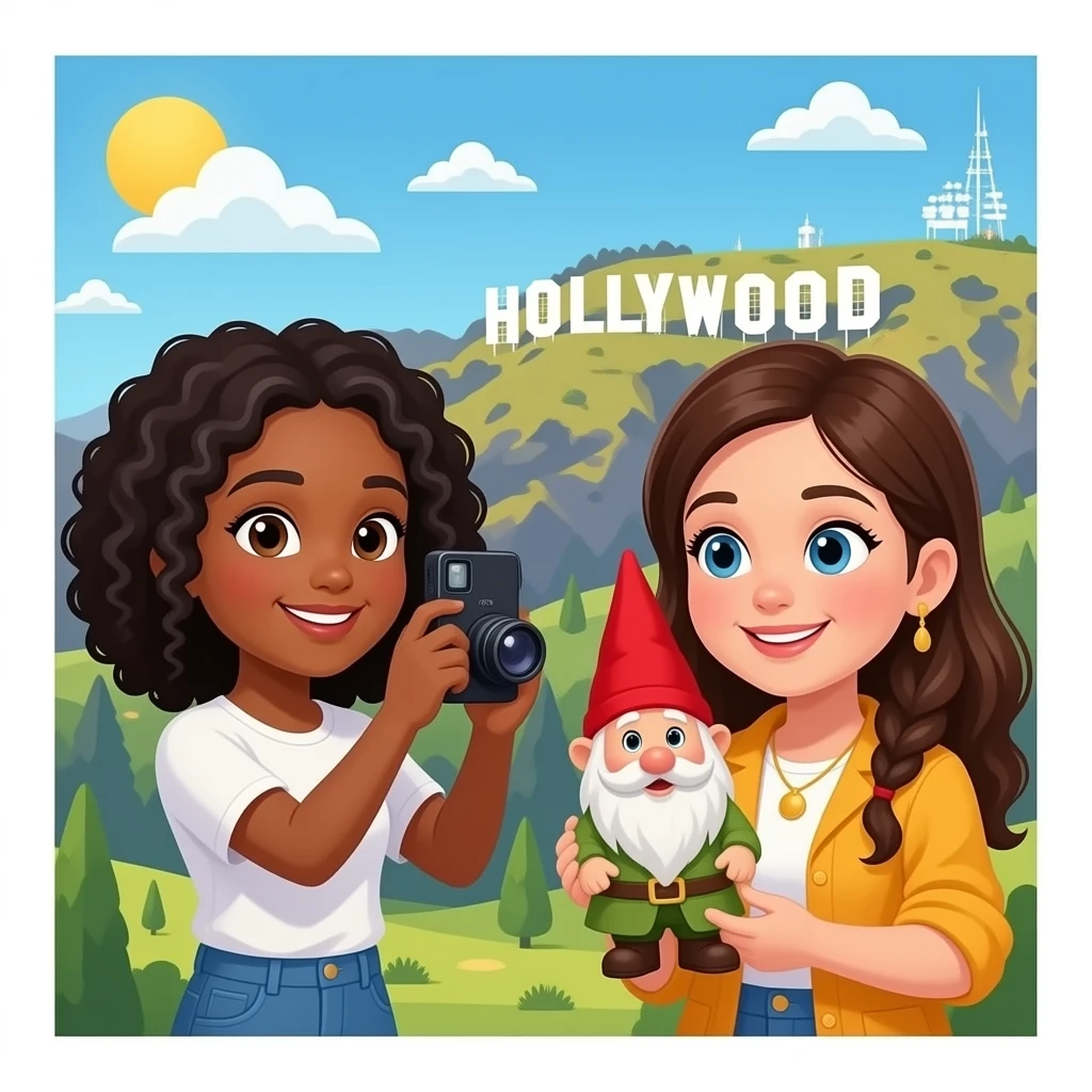 A black girl taking a photo of an spanish girl  holding a small gnome while standing in front of the Hollywood sign emoji