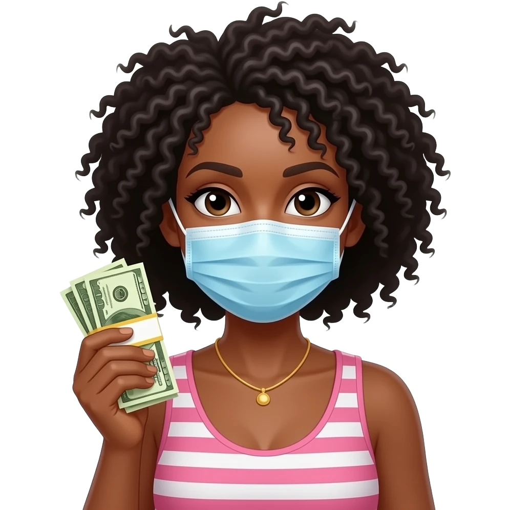 Black woman with mask on holding money emoji