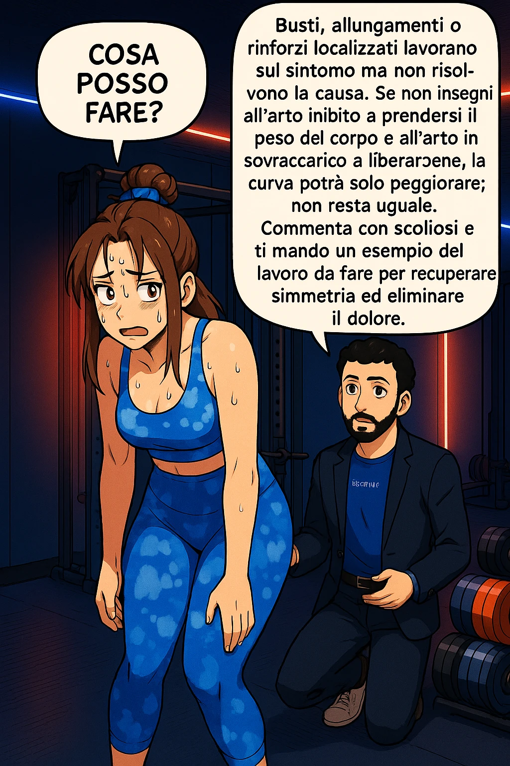 ispirati a questo stile di disegno e fai questa immagine in versione manga/webtoon a colori, il manga mostra la donna preoccupata che chiede: "COSA POSSO FARE?" E L'UOMO CHE RISPONDE: Busti, allungamenti o rinforzi localizzati lavorano sul sintomo ma non risolvono la causa. Se non insegni all’arto inibito a prendersi il peso del corpo e all’arto in sovraccarico a liberarsene, la curva potrà solo peggiorare; non resta uguale. Commenta con scoliosi e ti mando un esempio del lavoro da fare per recuperare simmetria ed eliminare il dolore. emoji