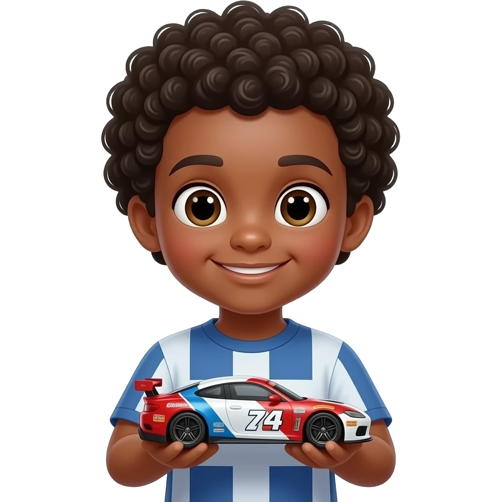 cute afro Kid with racing Toy, front facing emoji