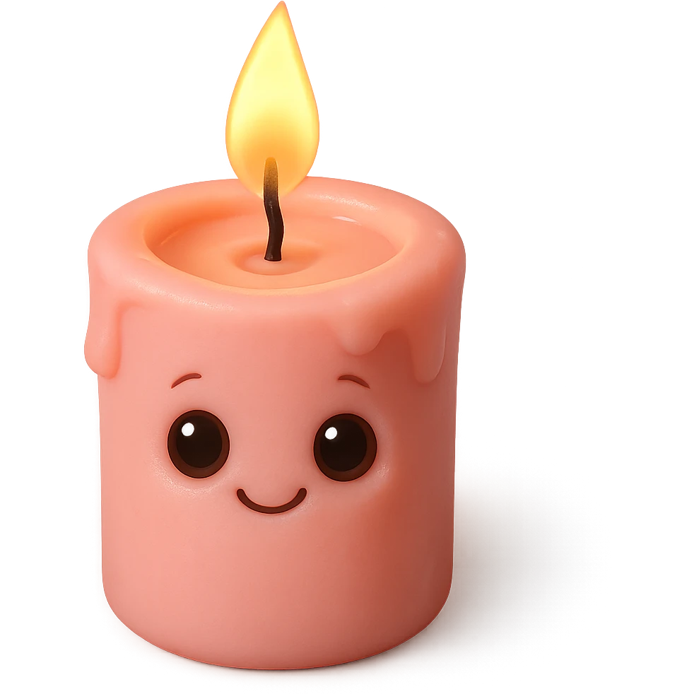 Draw a pink, Pixar-style candle with a flame. The candle should be visible from the front and top. emoji
