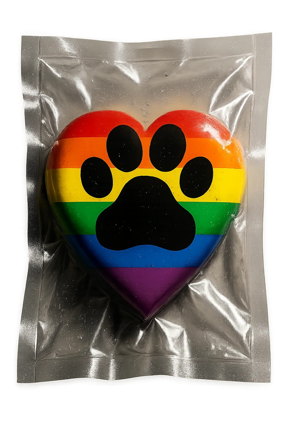 rainbow pride heart with a paw print on top, vacuum sealed style, no text emoji