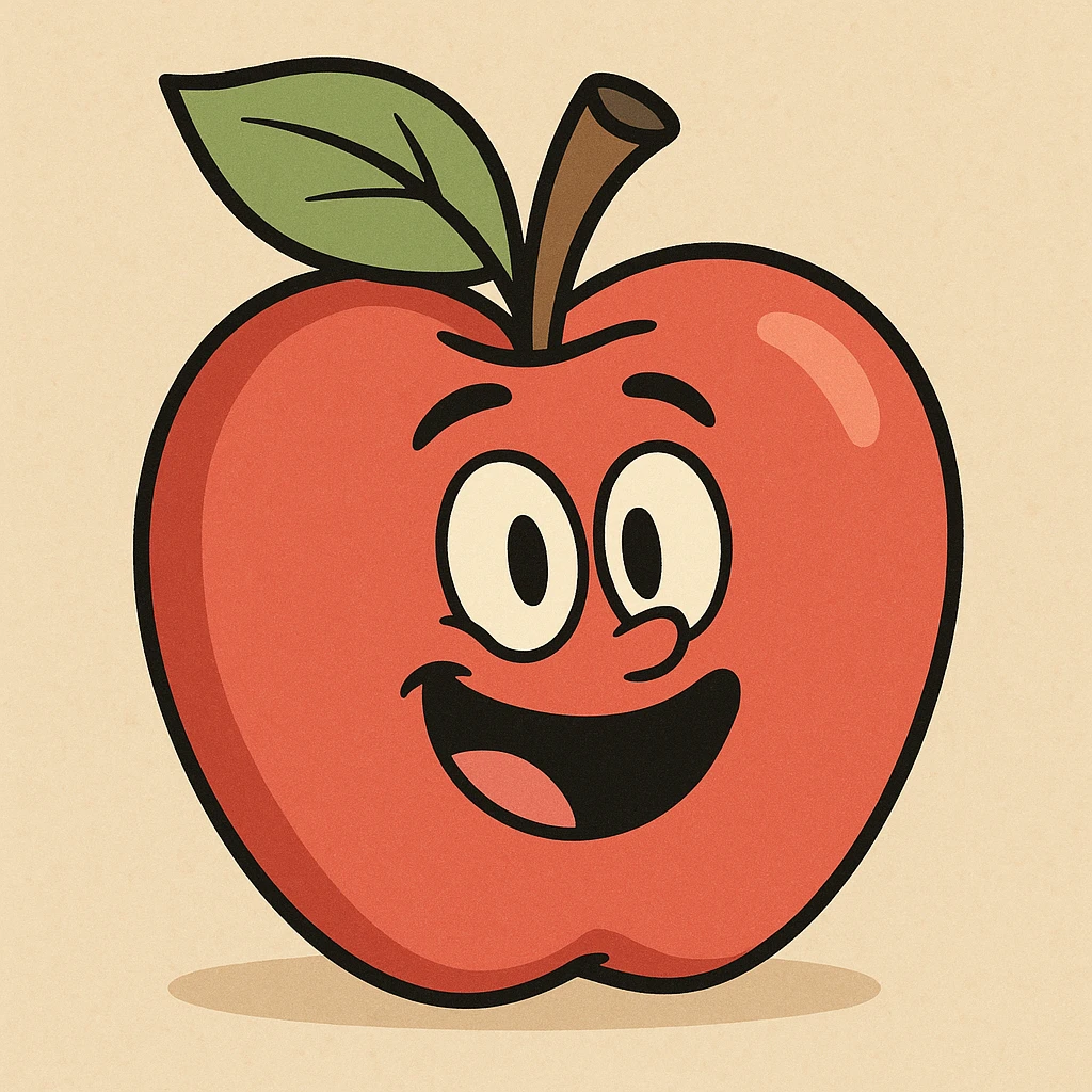 a red apple with a green leaf, bold outlines, cheerful look, flat toon style emoji