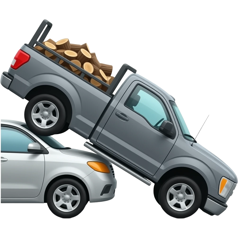 Gray F150 with full of bark chips in the back upside down in between two other cars emoji