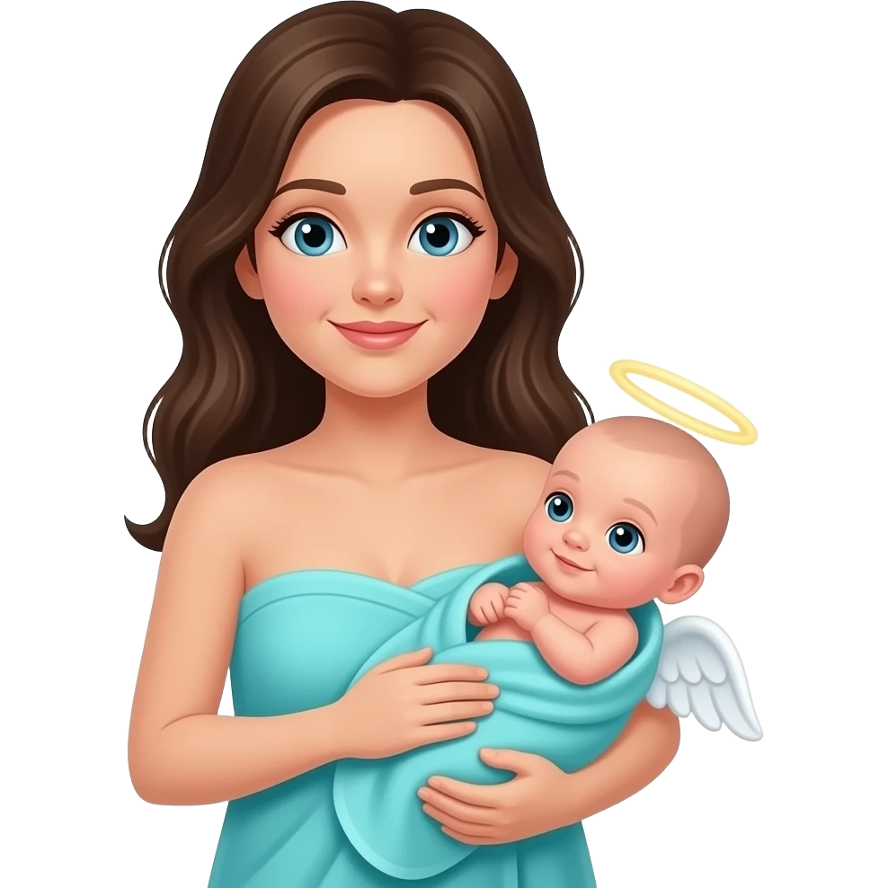 Mother with white newborn baby boy with no hair wrapped in a aqua towel with angel wings and a halo emoji