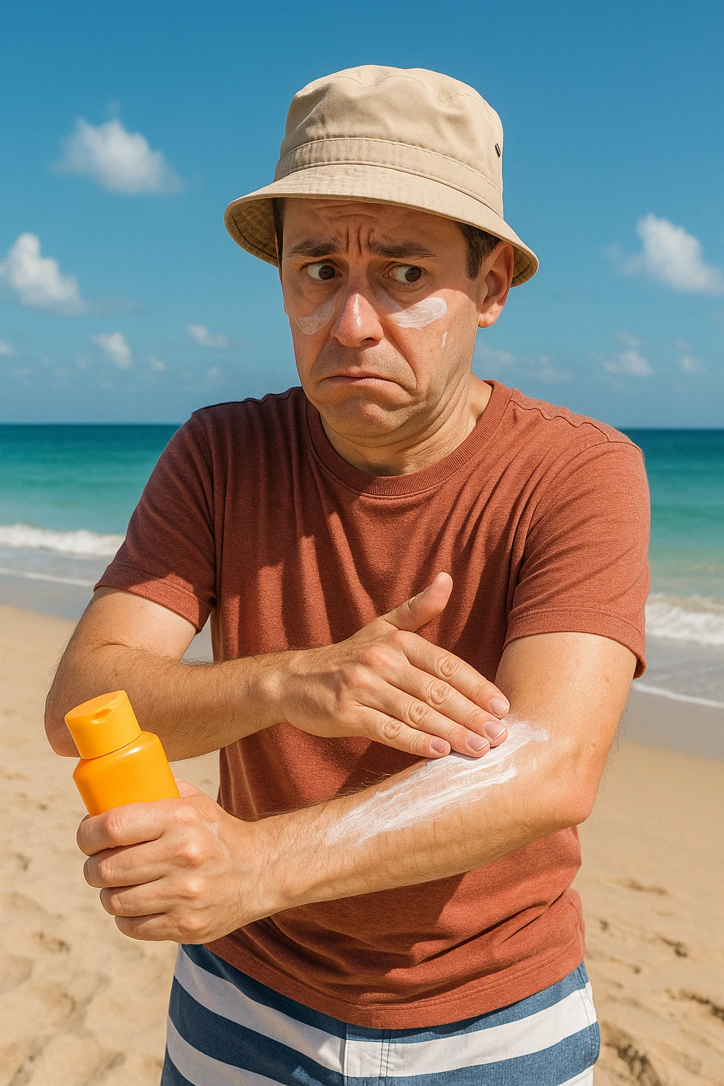 uomo a mare che si mette la crema solare perchè ha paura del sole emoji