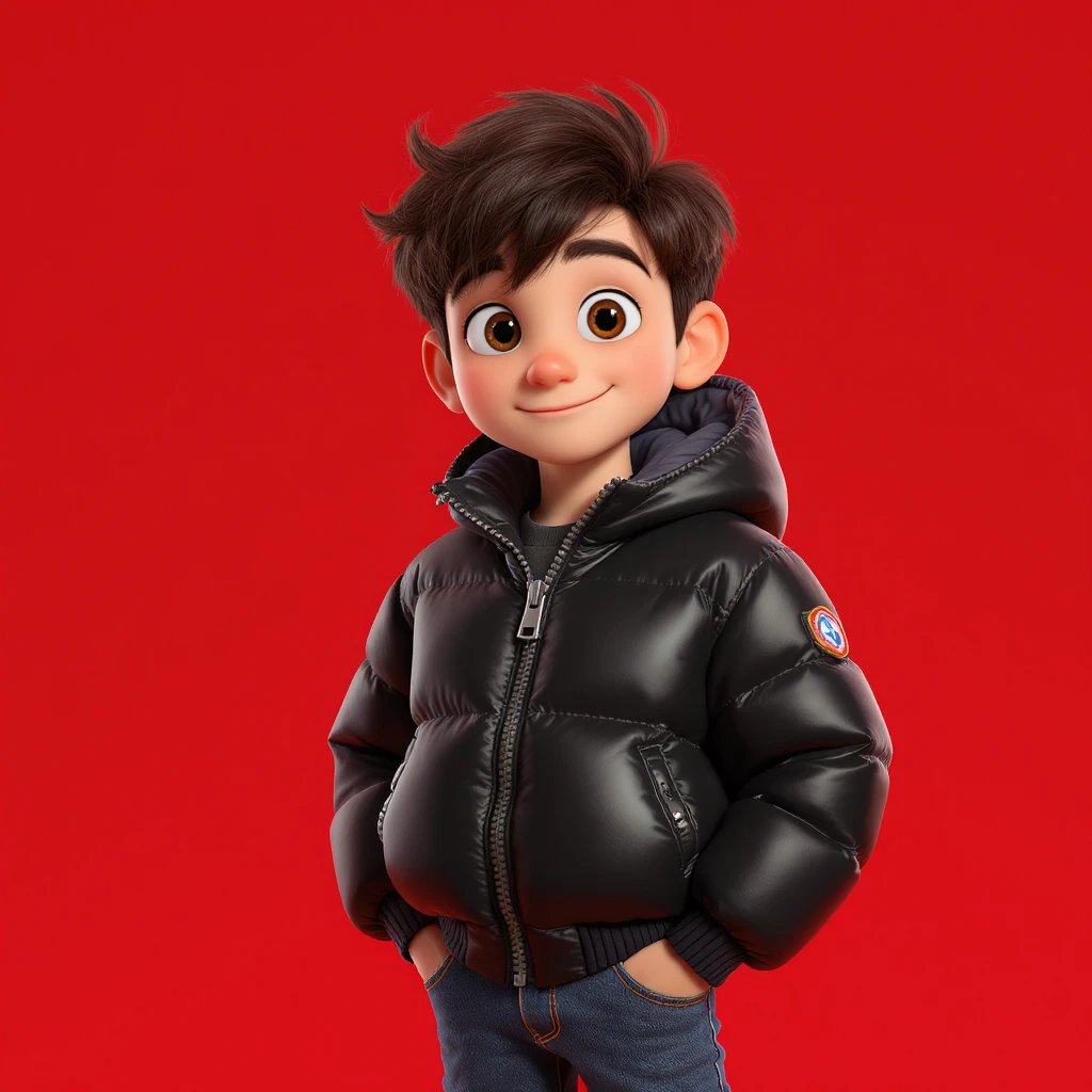 3d disney pixar character, young 18yo boy with dark brown hair, and a shiny black puffer balenciaga design jacket, brave smiling. The background is a solid red color emoji