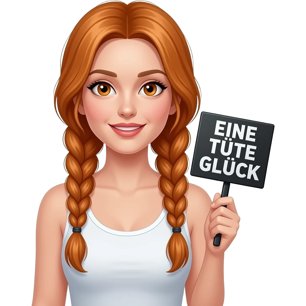 sexy girl with long ginger braids and ginger eyes wearing a white tanktop is holding a black sign with EINE TÜTE GLÜCK written on it emoji