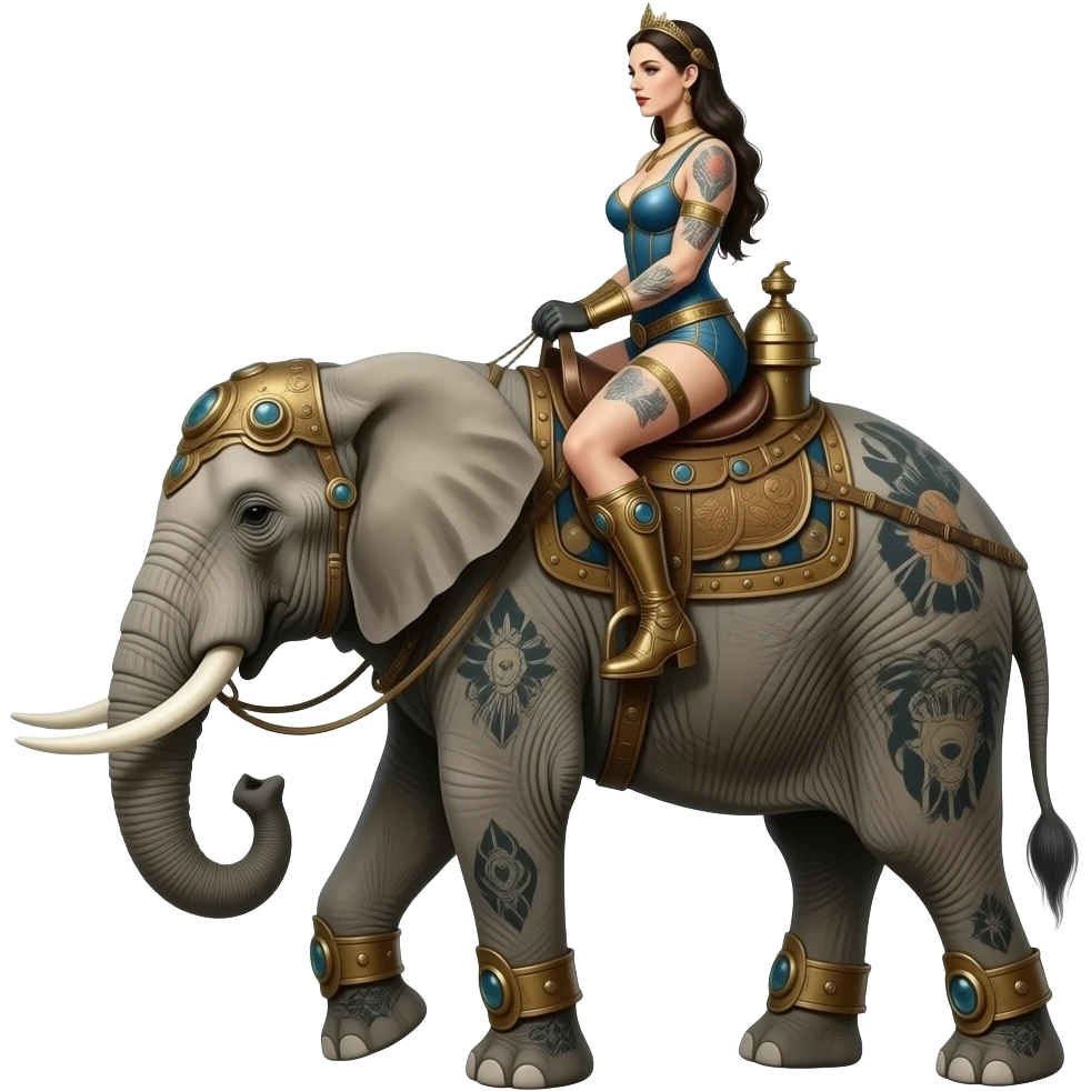 steampunk - a tattooed elephant with long legs from Salvador Dali's paintings carry muscular Lady Godiva on their backs emoji
