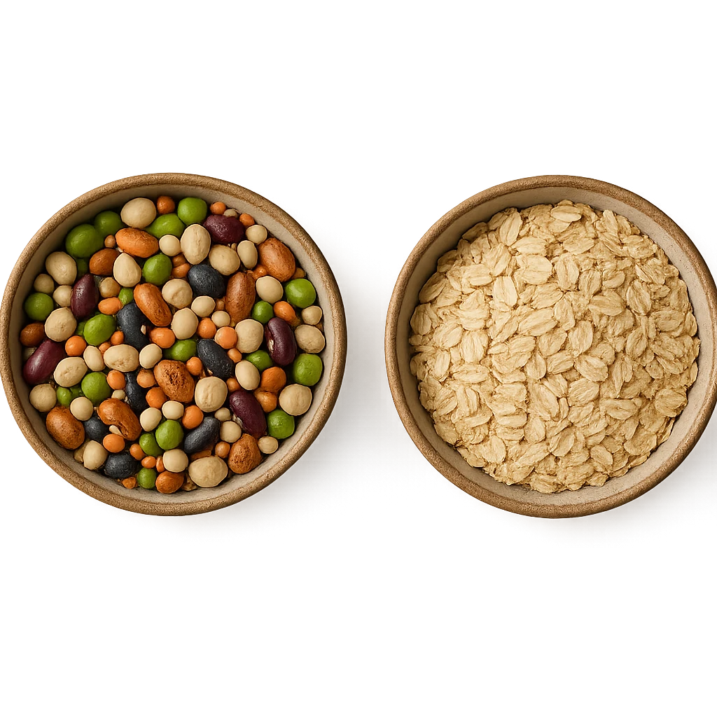 BOWL DI LEGUMI INSIEME A BOWL DI FIOCCHI DI AVENA POGGIATE,  iperrealistico 4k emoji